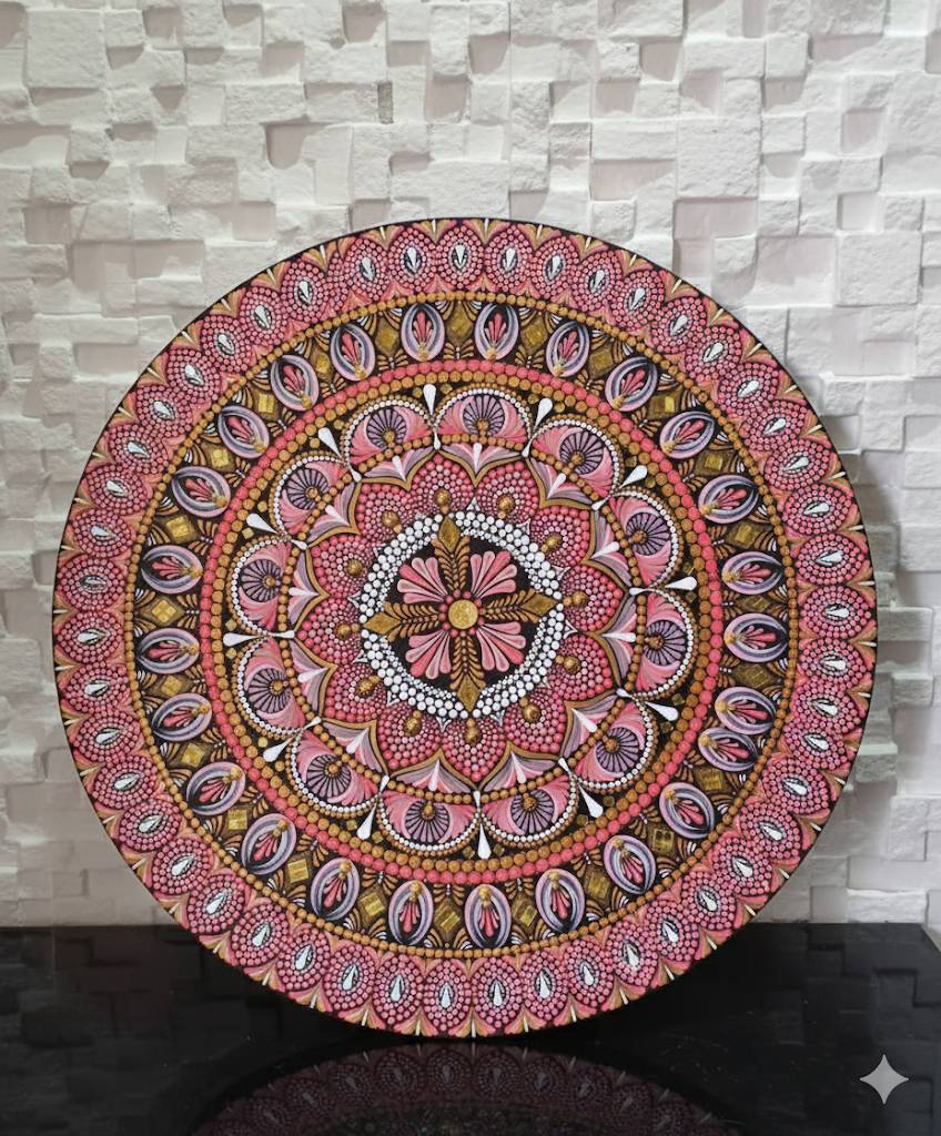 Detalhe de uma mandala com pontilhismo delicado em tons de rosa e lilás.